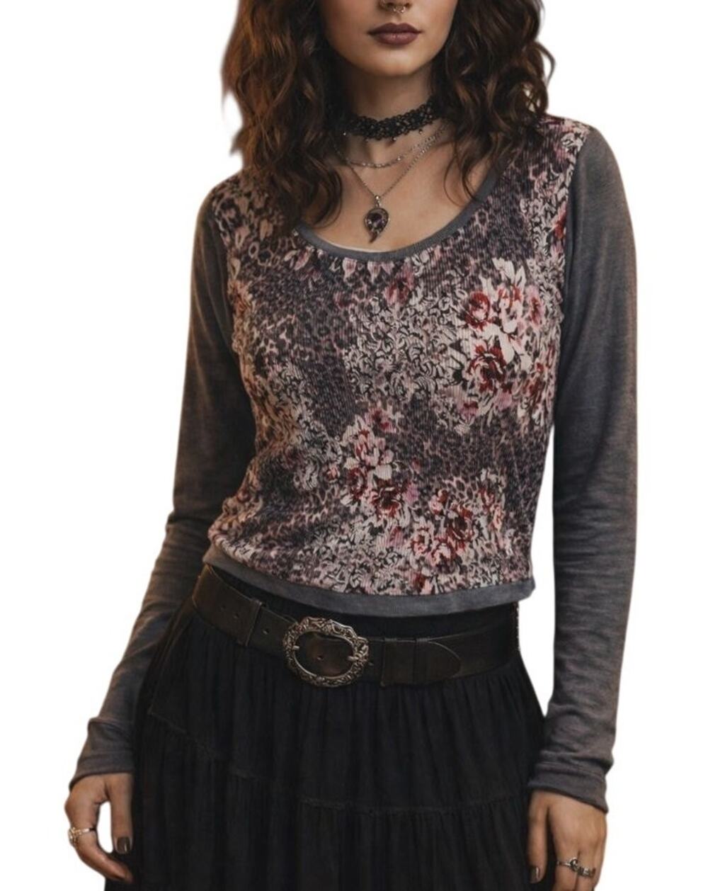 Y2K Womens Whimsigoth Dark Floral Top Medium Gray Indie Grunge Goth Emo Fairy